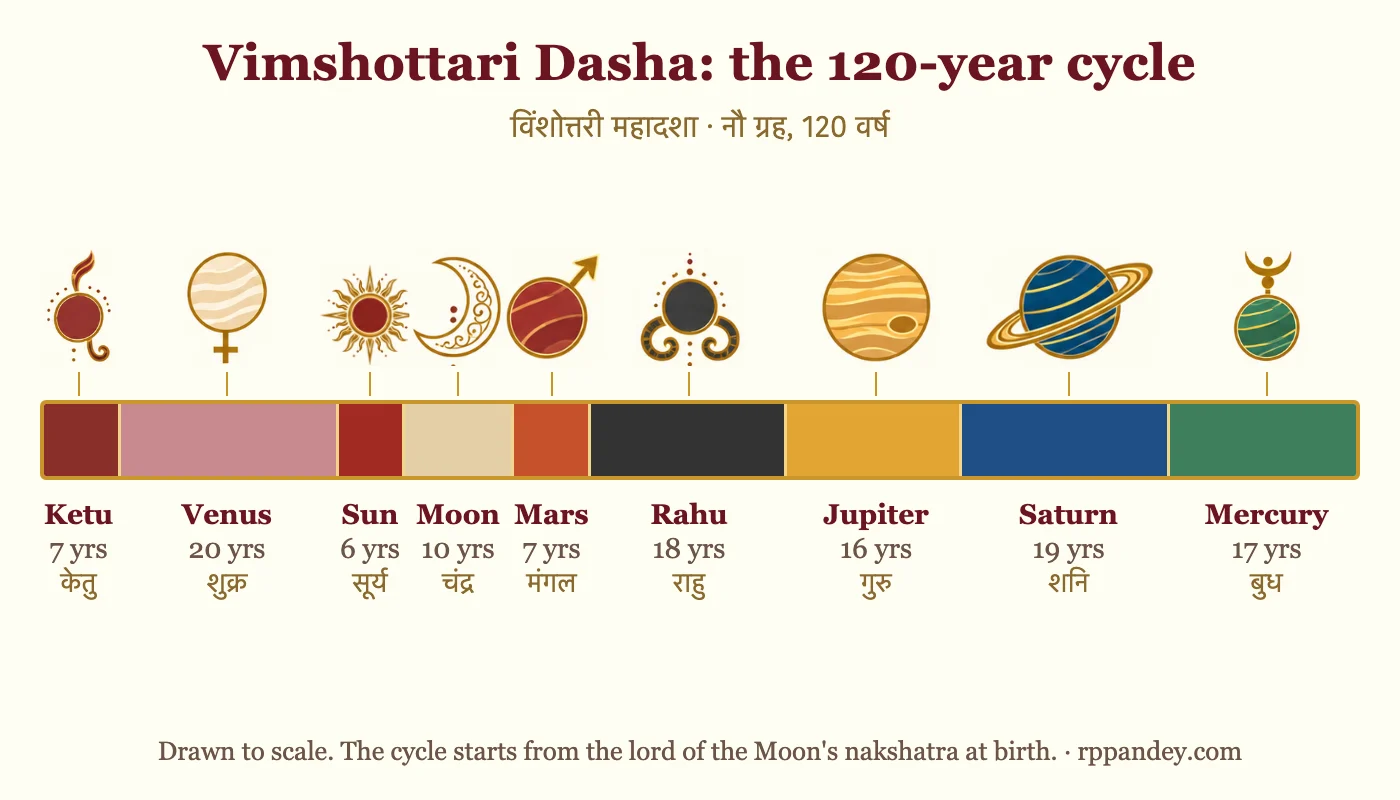The 120-year Vimshottari dasha cycle drawn to scale: Ketu 7, Venus 20, Sun 6, Moon 10, Mars 7, Rahu 18, Jupiter 16, Saturn 19 and Mercury 17 years
